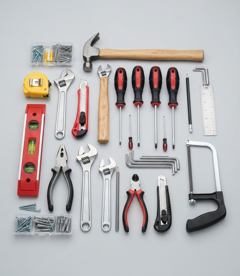 A clean household toolset on a bright gray studio background, sharp focus, 50mm
