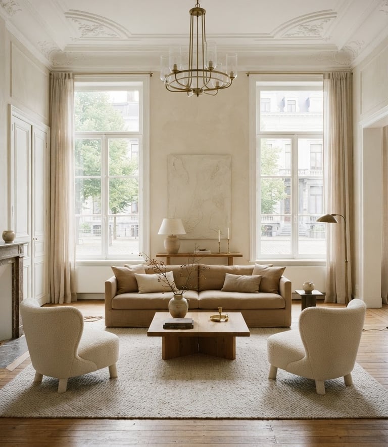 Straight-on elegant Belgian apartment interior, high ceilings, large windows letting in bright natural daylight, warm minimalist decor, 35mm photography
