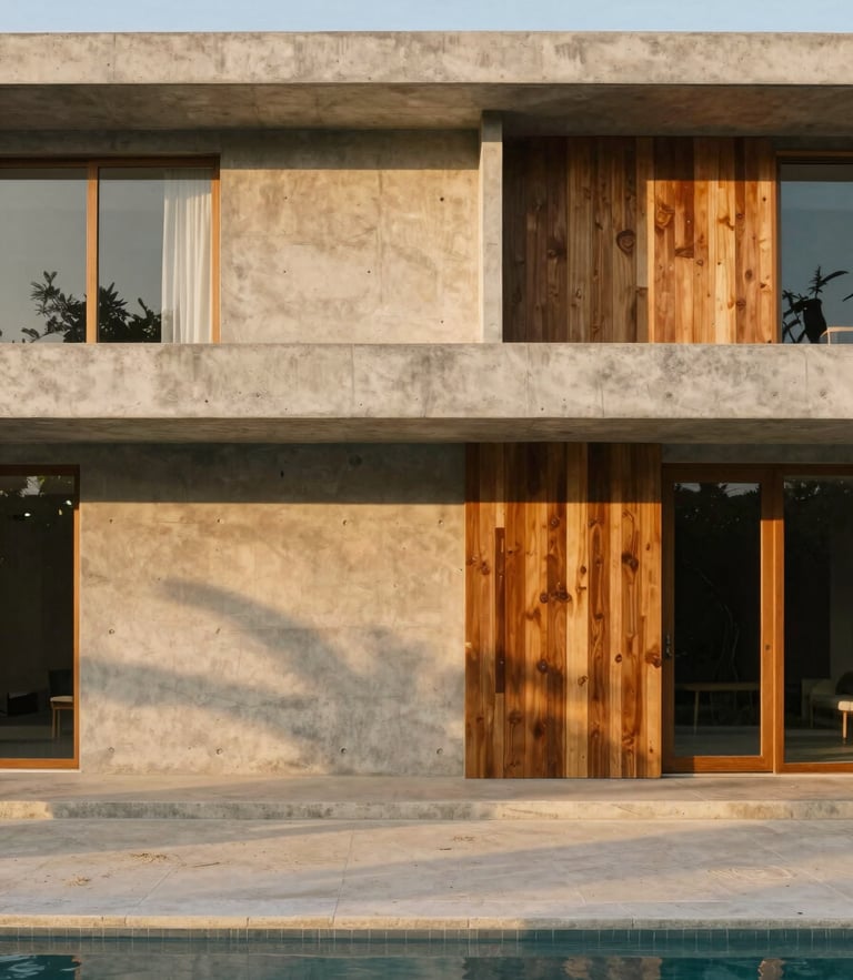 Straight-on architectural elevation of a concrete and teak villa facade, warm morning light casting soft linear shadows, minimalist pool edge in foreground