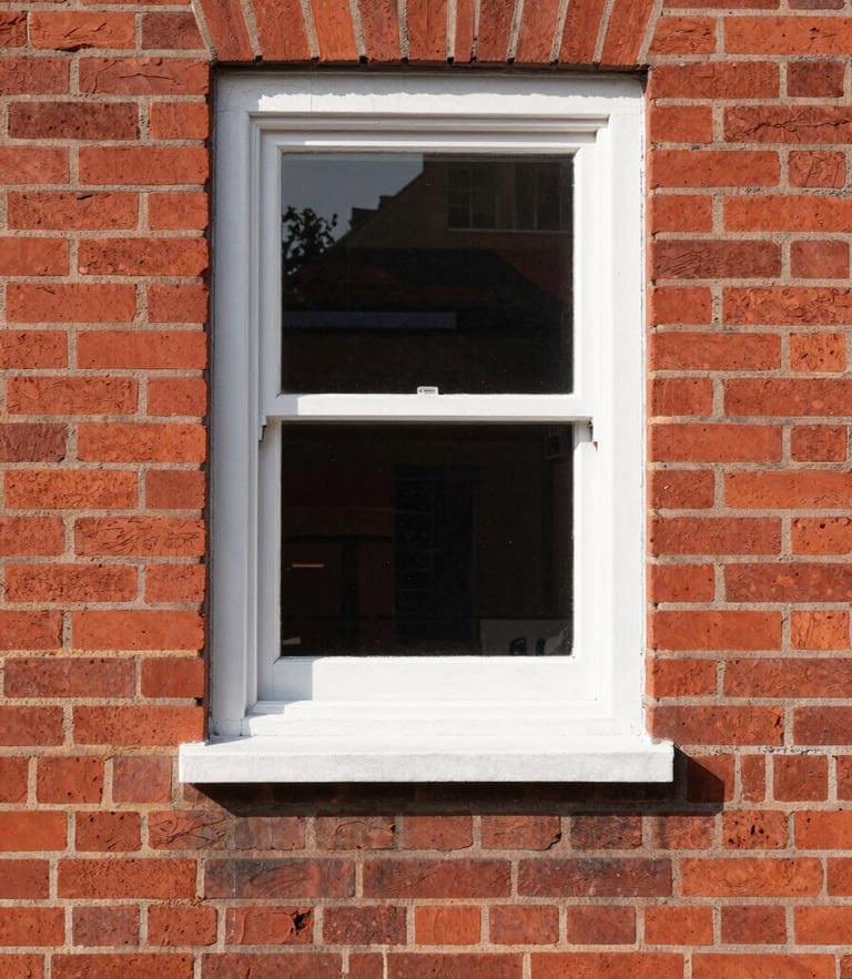Straight-on architectural detail of a newly installed white window frame against clean red brick, sharp paint lines, bright direct daylight, highly organized composition.