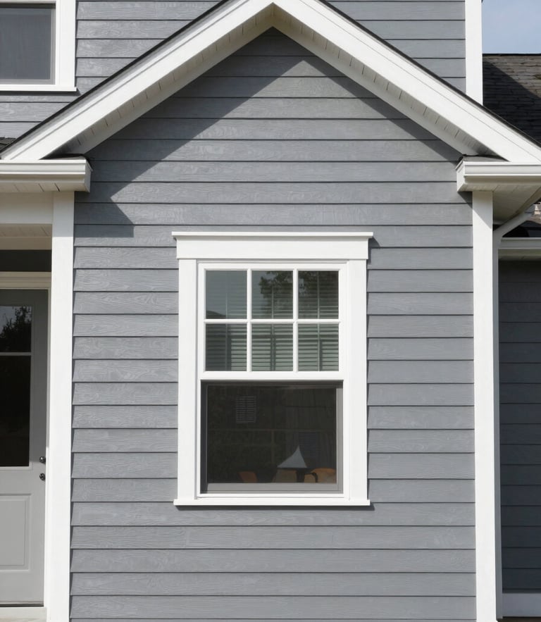 Straight-on architectural photo of a newly painted home exterior. Crisp slate gray siding meets bright white trim under bright, direct daylight. Highly organized and clean composition.