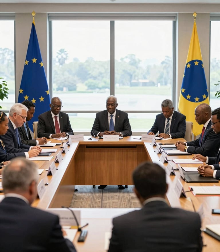 Wide environmental shot of a diplomatic roundtable discussion with European and African delegates, natural window light, focused atmosphere