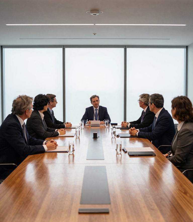 Wide-angle editorial documentary photograph of a modern sustainable architecture summit, soft natural window light reflecting on a large wooden conference table, deep navy and gold undertones, professional diplomatic setting, 35mm lens.