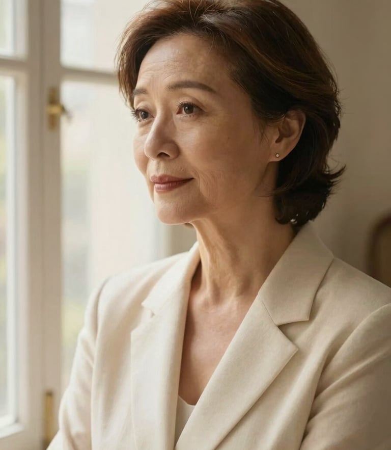Portrait of an elegant mature woman in her late 50s, thoughtful expression, warm natural window light, soft cream and gold tones, shallow depth of field, 35mm