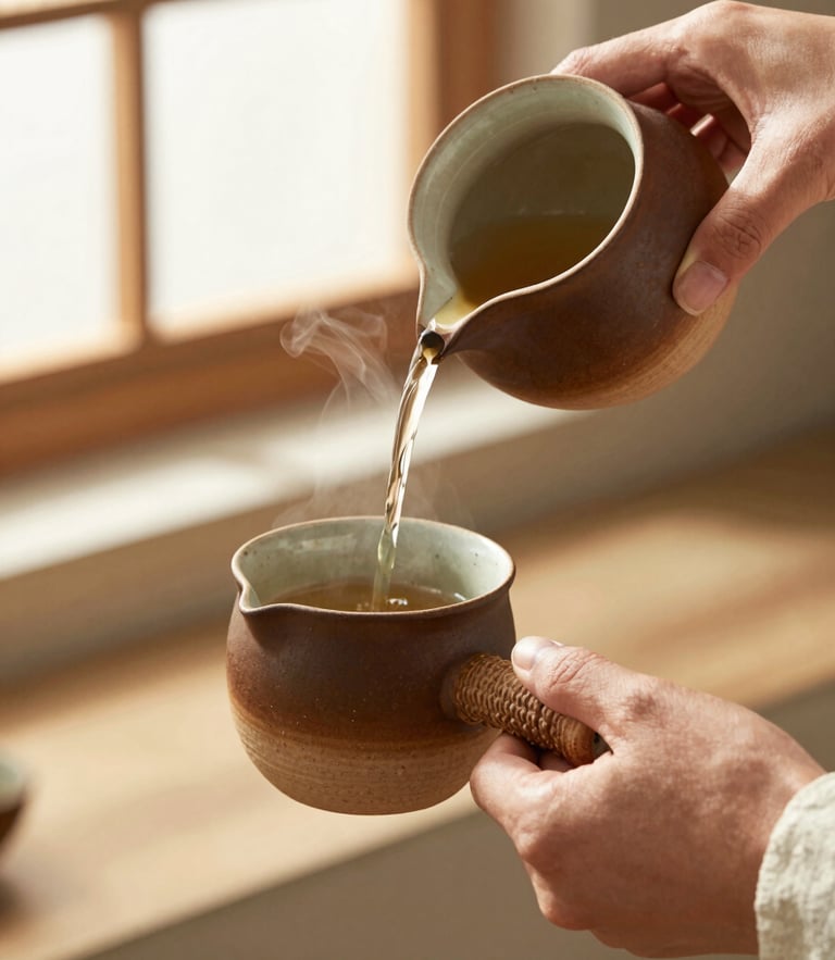Close-up of hands pouring steaming herbal tea from a ceramic teapot into a rustic clay mug, soft warm afternoon window light, natural shadows, earthy terracotta tones, shallow depth of field, 35mm