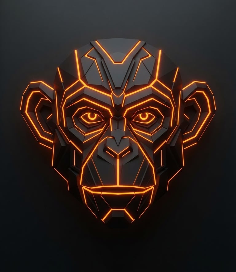 Sleek dark vector render of an abstract geometric monkey mask silhouette, glowing orange neon accent lines, minimal studio lighting