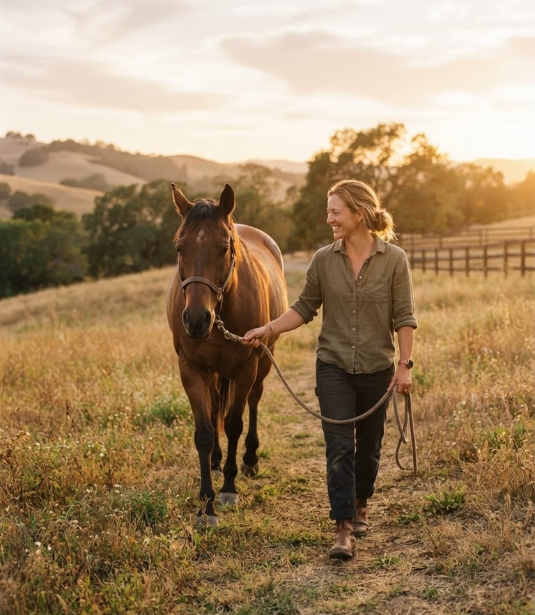 A volunteer gently leading a rescued horse through a golden-hour pasture in Northern California, warm editorial photography, 35mm.