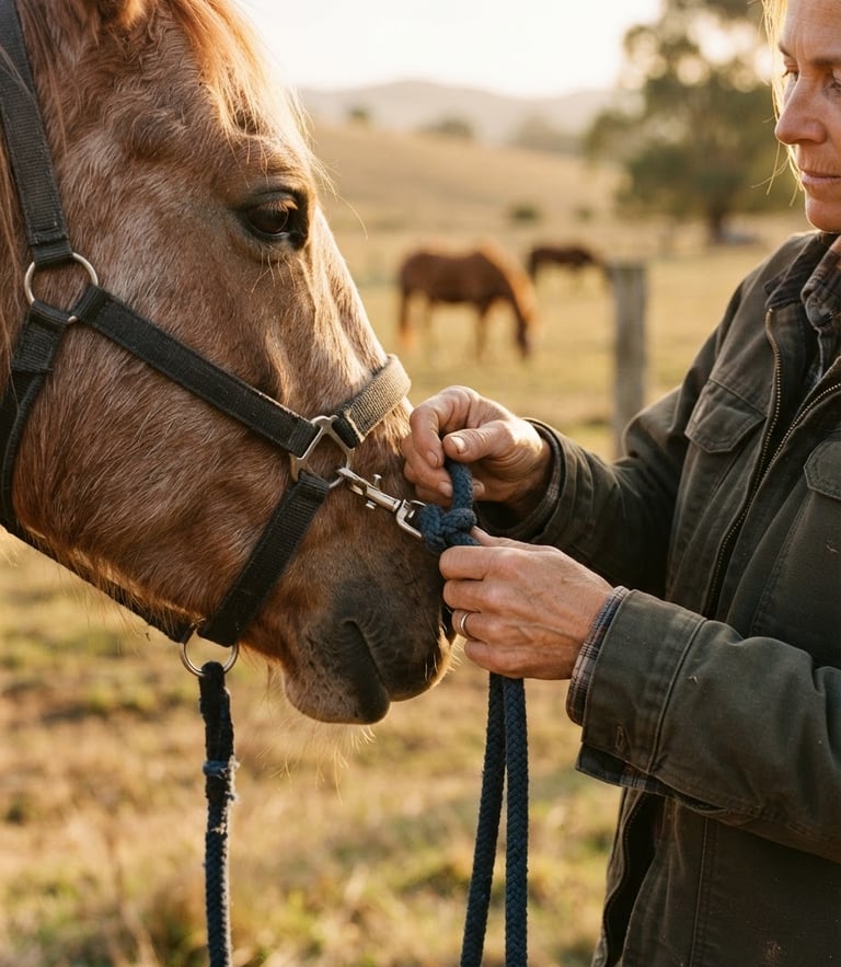 A close-up of a volunteer's hands gently securing a lead rope on a rescued horse in a golden-hour pasture, warm editorial photography, earthy desaturated tones, 35mm.