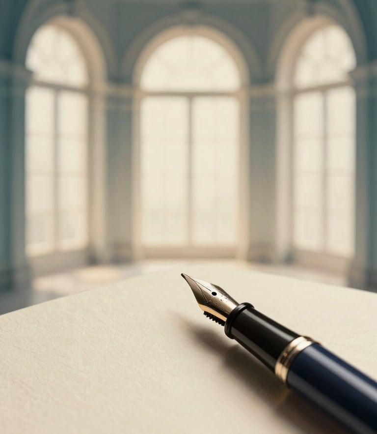 Close-up of a fountain pen nib resting on heavy cream paper, soft shadows of classical architectural arches, warm indirect window light.