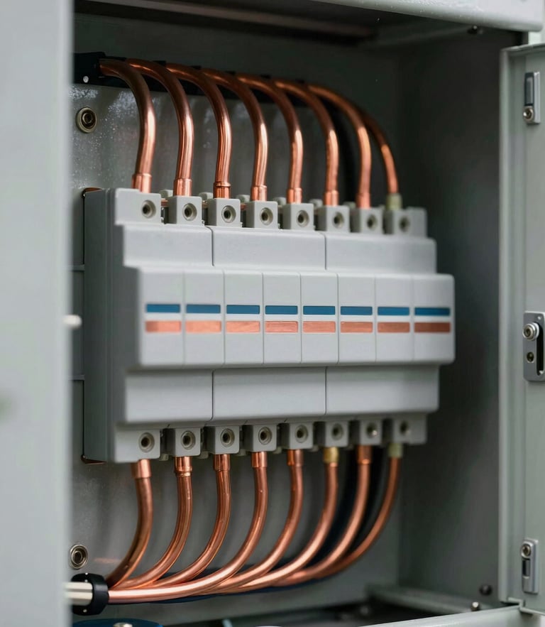 Macro shot of industrial electrical panel wiring, copper busbars, technical precision lighting, sharp focus, architectural framing, 35mm