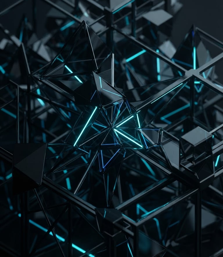 Abstract 3D geometric structure, dark glass textures reflecting neon cyan light, macro shot with sharp depth of field, isometric perspective