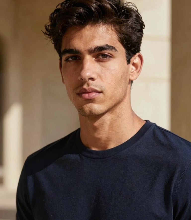 Respectful medium close-up portrait of a young man looking forward with confidence, natural side-lighting, soft architectural background, 35mm lens