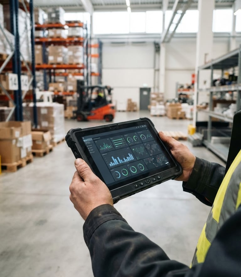 Close-up of hands holding a rugged tablet showing a clean operational dashboard in a modern warehouse, bright natural daylight, crisp industrial details, 35mm