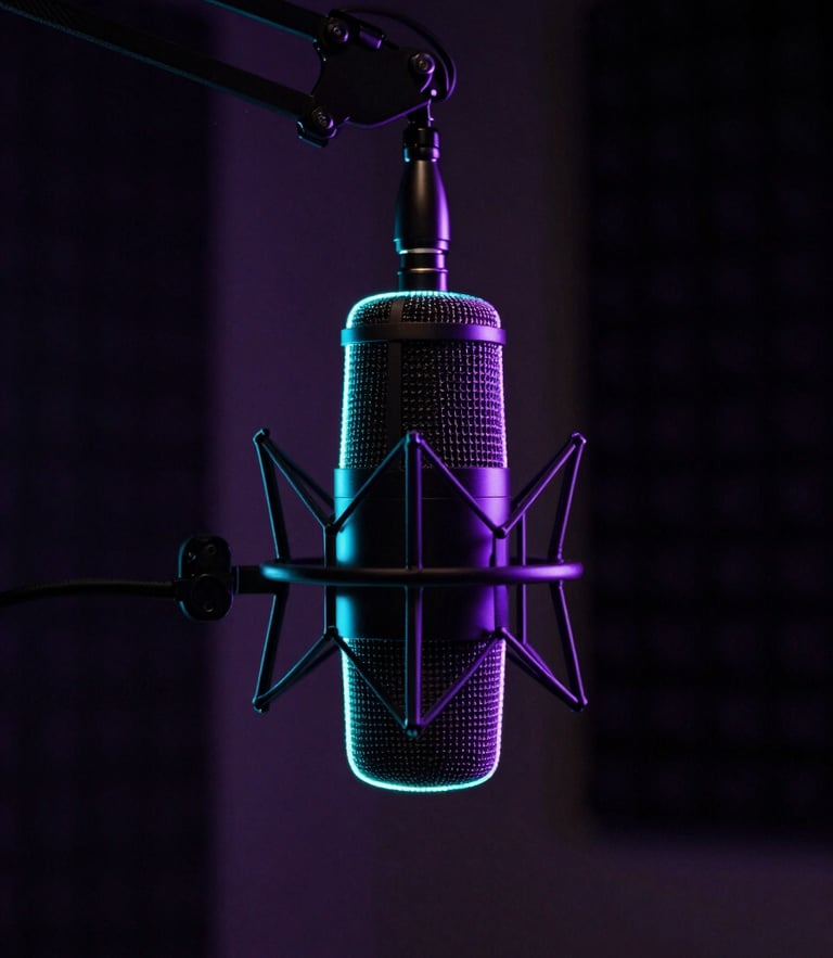 Low-key, high-contrast photograph of a professional podcast microphone on a boom arm, glowing cyan and purple neon rim lights defining its silhouette, dark acoustically treated studio background, cinematic atmosphere.
