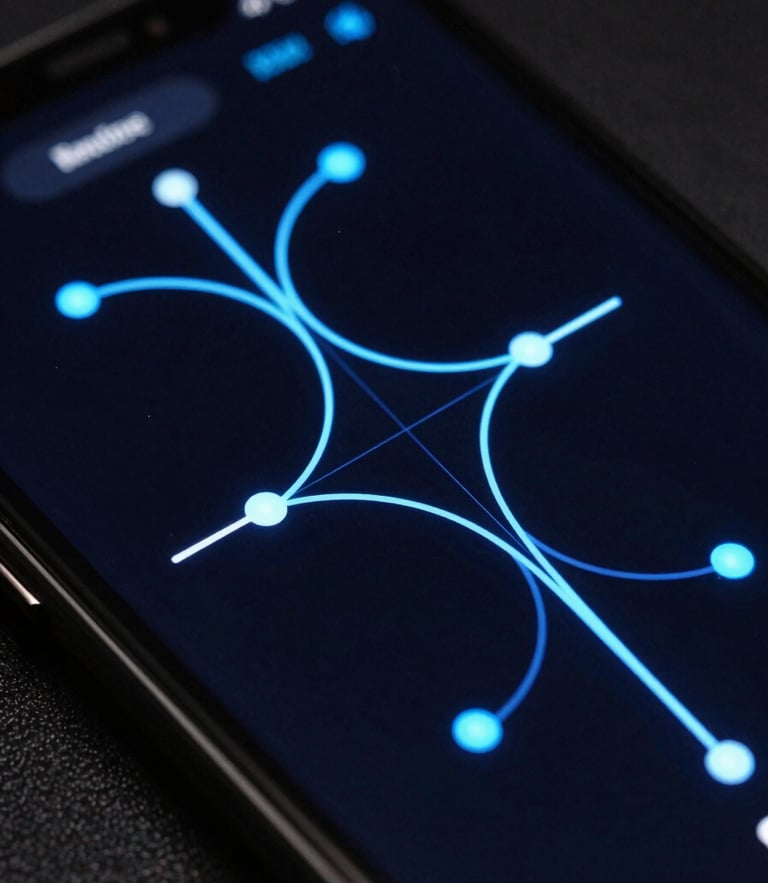 Extreme macro close-up of a high-resolution OLED mobile screen showing fluid vector lines of a custom UI physics model, electric blue accents, low-key lighting, 35mm