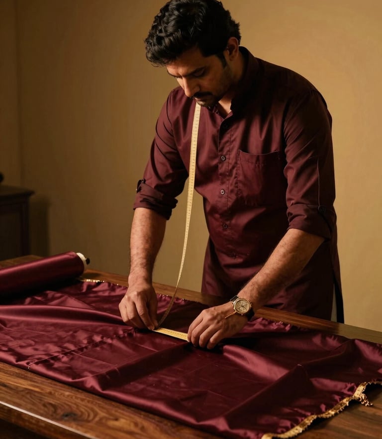 A master Indian tailor measuring rich maroon silk fabric on a dark wooden table, dramatic side lighting, warm gold tones