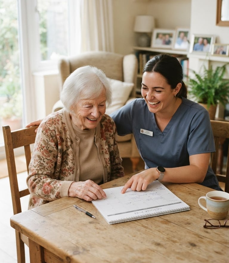 A bright, warm living room with soft natural window light. A professional caregiver in a slate blue top is sitting next to an elderly woman, sharing a lighthearted moment while reviewing a calendar together on a wooden table. Authentic 35mm, shallow depth of field.