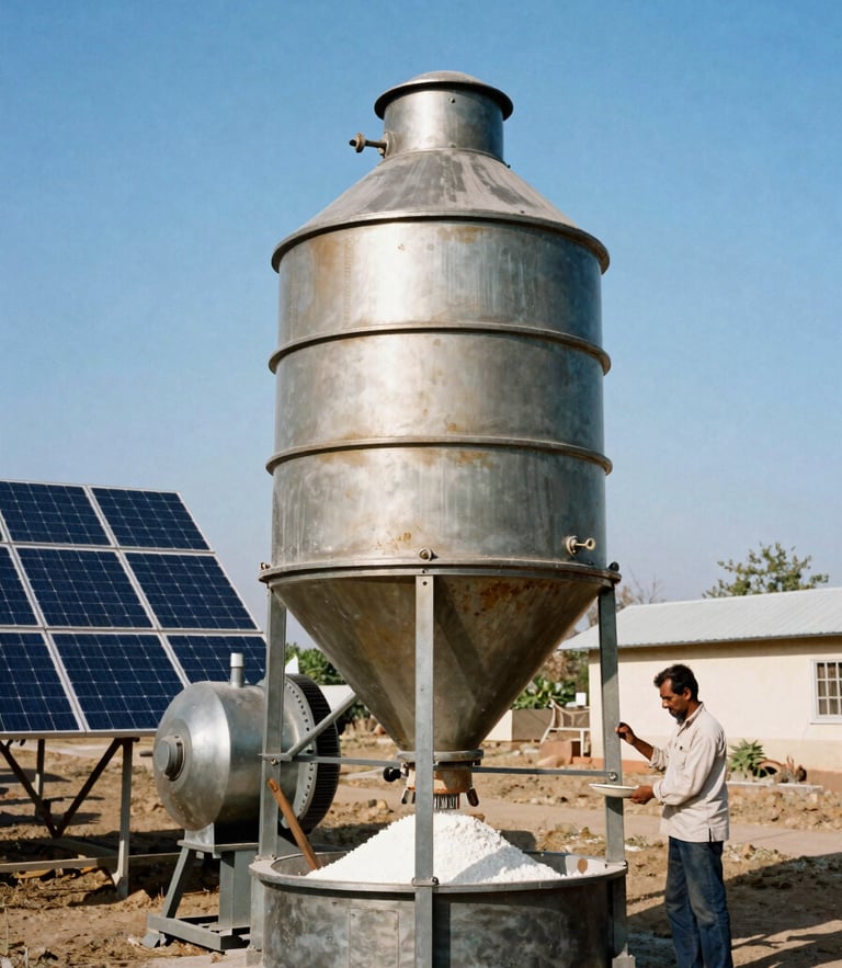Crisp industrial photography of a rural Indian entrepreneur operating a heavy-duty flour mill powered by solar panels under bright direct sunlight, 35mm