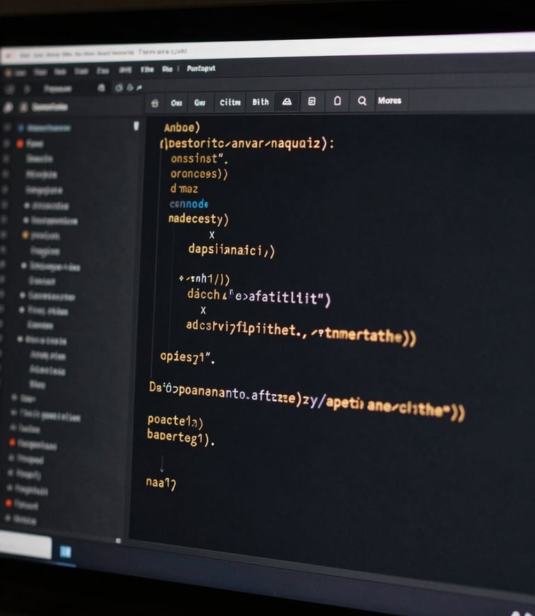 A close-up of a clean code editor on a dark screen with glowing amber syntax highlighting, minimalist desk setup in Barcelona, cinematic depth of field