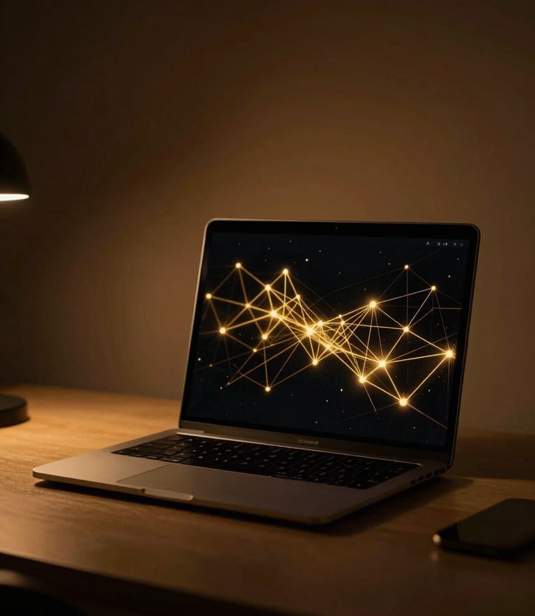 A minimalist workspace in Barcelona at night, a single laptop open showing abstract golden node connections on screen, warm amber ambient backlighting