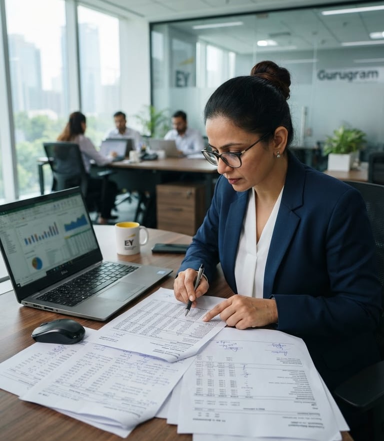 A medium close-up of a professional Chartered Accountant analyzing financial sheets in a bright, modern Gurugram office, soft daylight, cool corporate tones