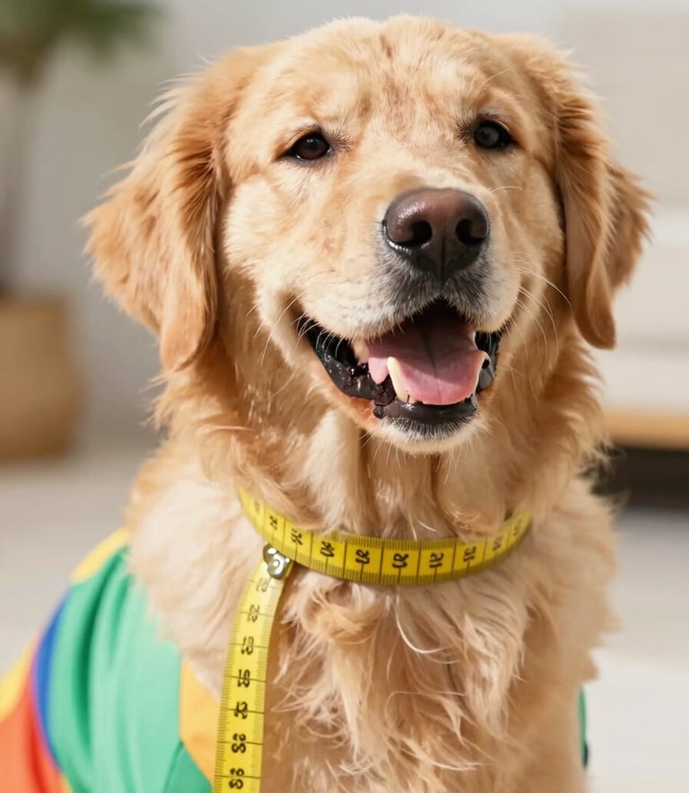 Close-up of a happy golden retriever being measured with a soft yellow tape measure, bright natural daylight, soft focus background