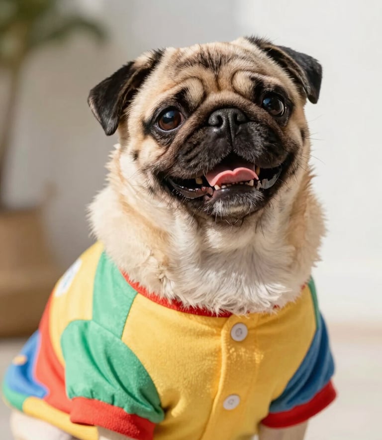 A happy pug wearing a colorful custom shirt, eye-level shot, bright daylight, soft focus background