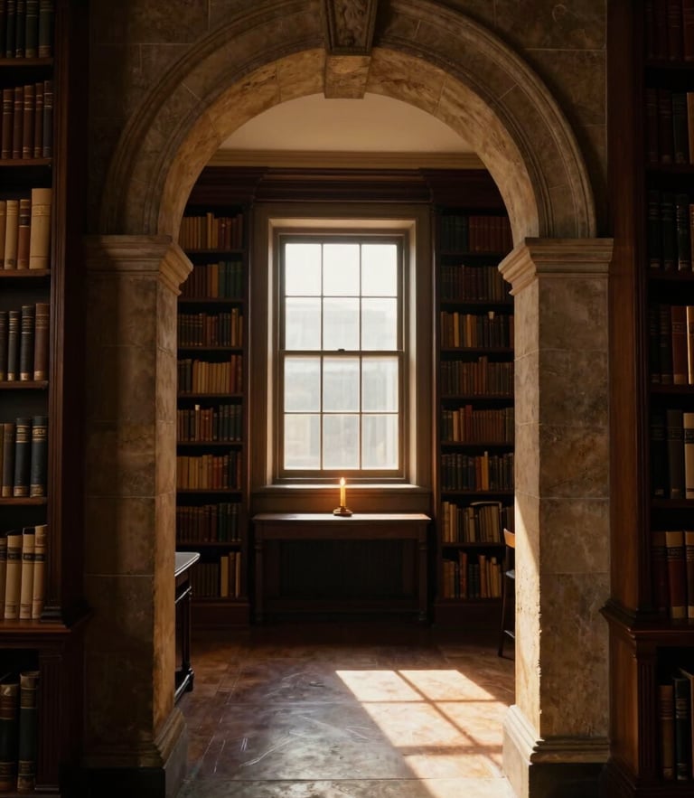 Symmetrical composition of a classical stone archway leading into a quiet library, warm candlelight casting long shadows, dramatic chiaroscuro, 35mm