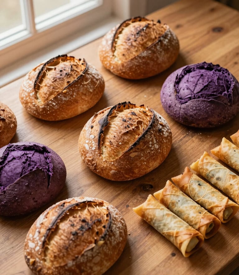 Overhead shot of a rustic wooden table filled with golden sourdough loaves, purple ube bread, and crisp lumpia rolls under warm window light, 35mm