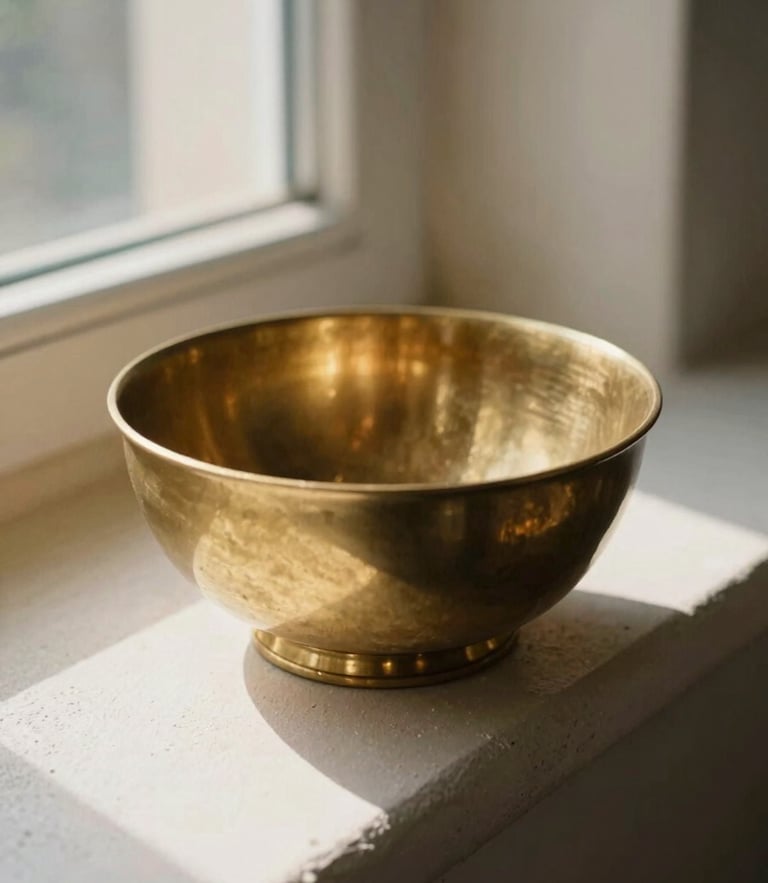 Macro photograph of a heavy unlacquered brass bowl resting on a textured plaster ledge, soft morning window light casting long shadows, 35mm