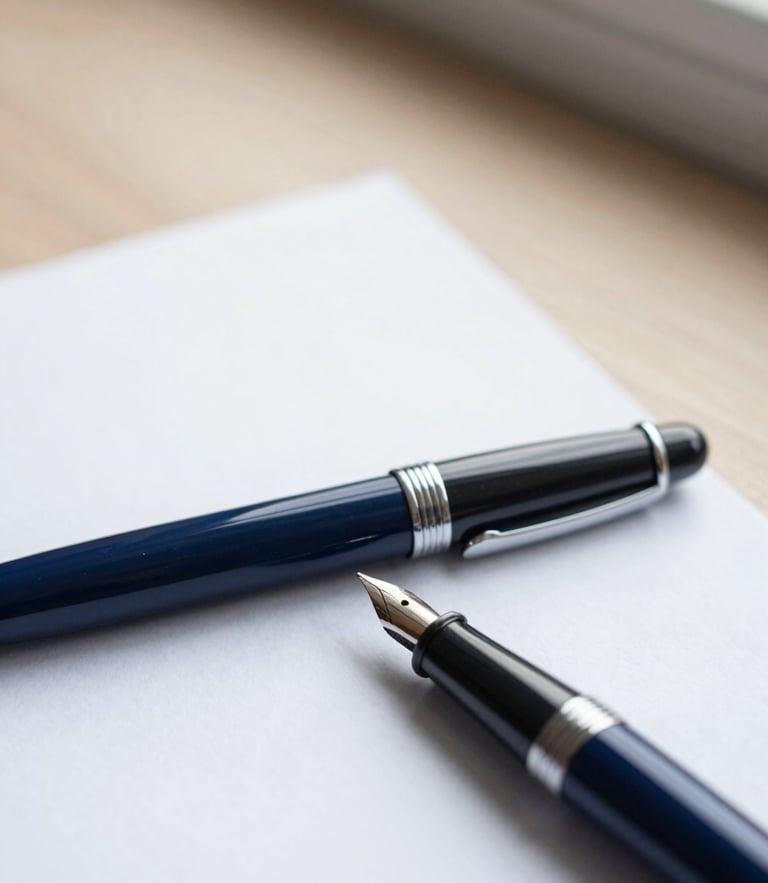 Close-up of a fountain pen resting on a crisp white contract document, soft natural overcast daylight, deep navy tones, shallow depth of field, minimalist editorial style