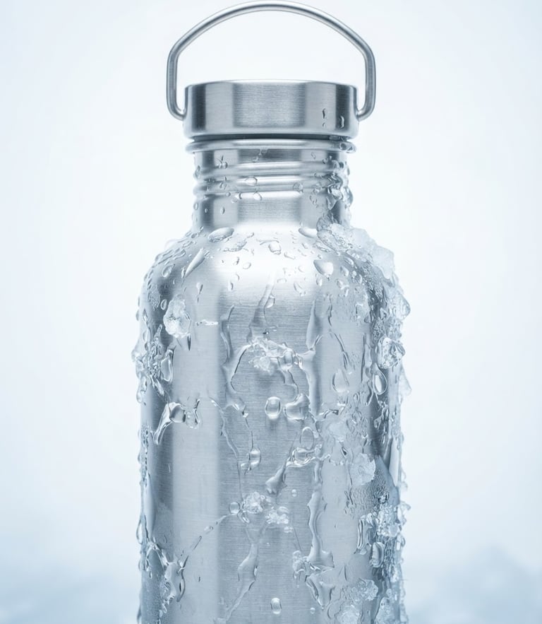Crisp architectural product portrait of a sleek aluminum ALVIO water bottle, bright high-key studio light, sharp water refractions, cool blue and icy white tones, macro lens