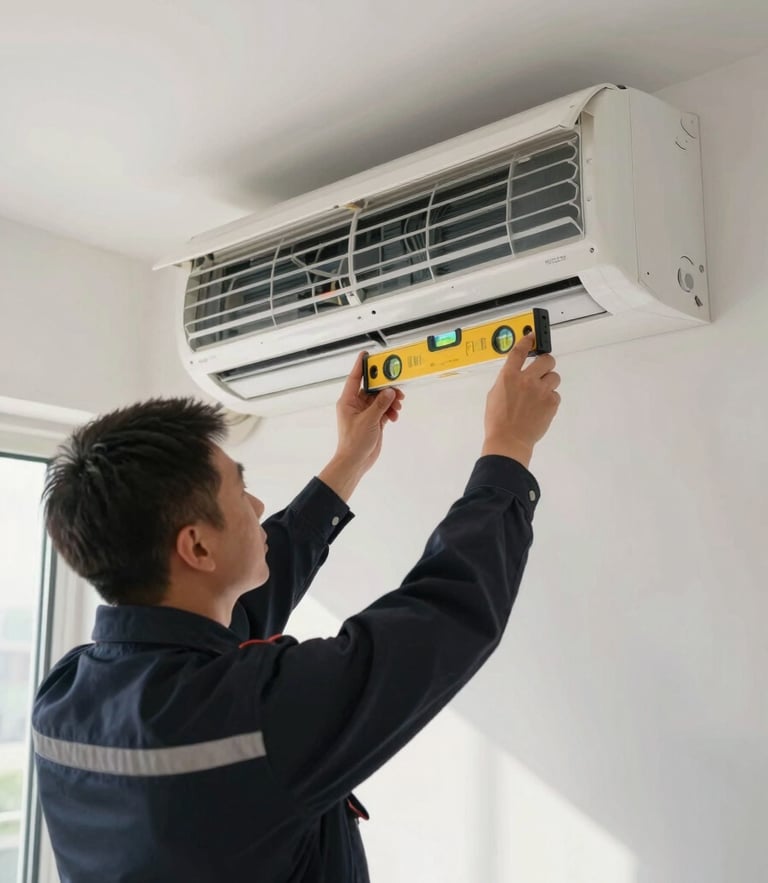 Straight-on architectural shot of a clean, modern interior where a technician in a neat dark uniform uses a digital spirit level to align an indoor AC unit perfectly with the wall line. Bright natural daylight.