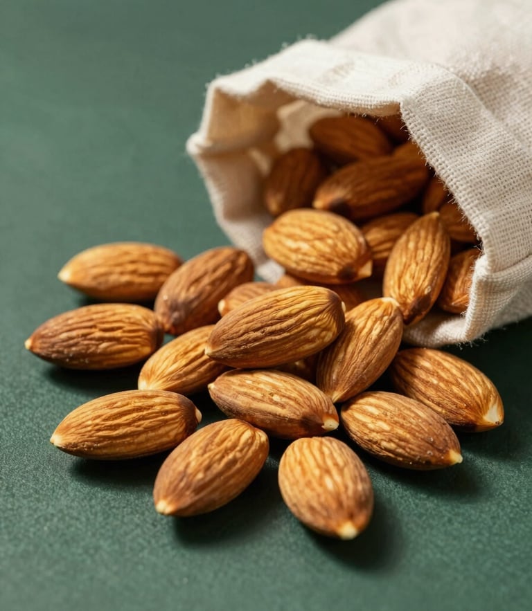 Overhead macro shot of whole unblemished almonds spilling out of a minimalist linen bag, warm side-lighting, deep green shadows.