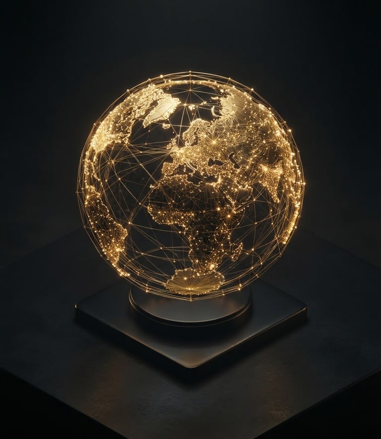 An ultra-modern isometric 3D render of a golden globe network on a matte black surface, dramatic low-key studio lighting, gold rim-lights, octane render style