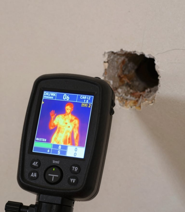 Close-up of a professional thermal imaging camera showing heat signatures of a hidden water leak behind a wall, clear diagnostic screen visible.