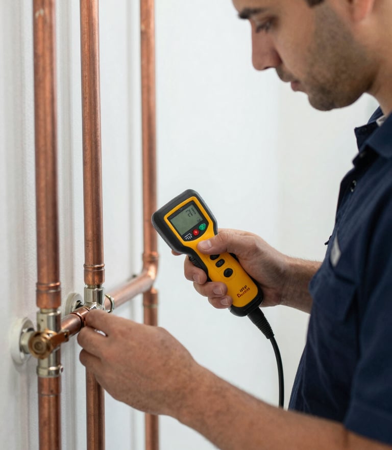 A professional Dubai technician in a clean navy uniform using a thermal leak detector on copper pipes, bright high-utility lighting, close-up action shot.