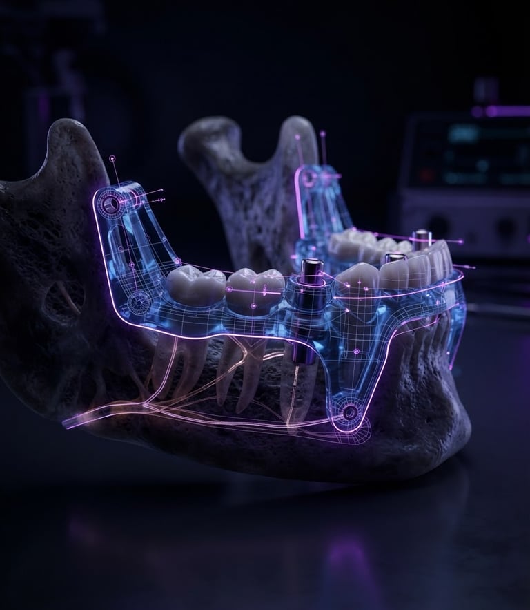Extreme close-up 3d digital render of a surgical guide overlay on an anatomical mandible model, moody low-key studio lighting, deep purple neon edge-lights, ultra-precise technical wireframe details.