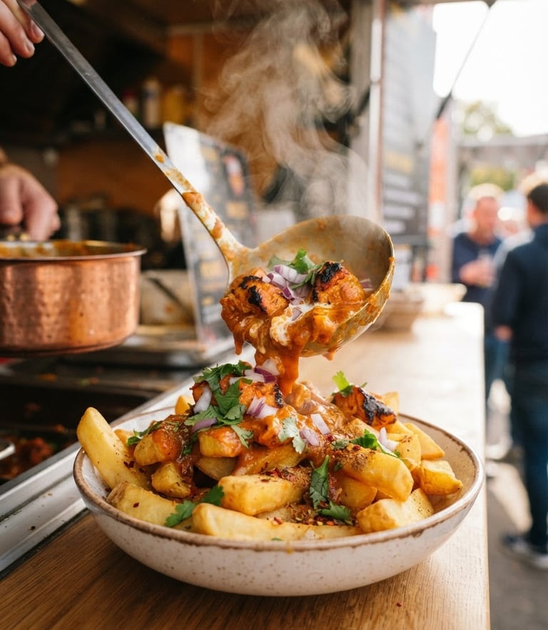 A close-up of steaming chicken tikka masala poured over thick-cut chips, steam rising in warm natural daylight from a food truck window, vibrant colors.