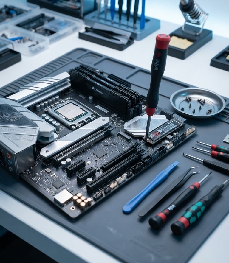 Macro photograph of a clean, organized IT repair workbench, precise screwdrivers, a motherboard on an anti-static mat, bright neutral studio lighting with soft blue undertones