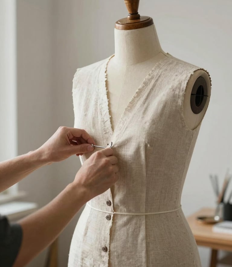 Hands pinning a heavy linen pattern on a wooden dress form in a quiet, sunlit Provo studio corner, soft northern daylight.