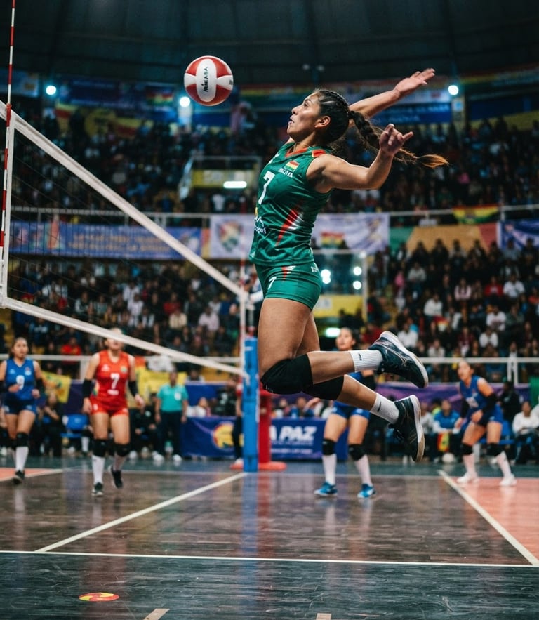 Dynamic low-angle action shot of a volleyball player mid-jump during a match in La Paz, high-contrast court lighting, emerald green jersey accents, sharp action freeze-frame, 35mm.