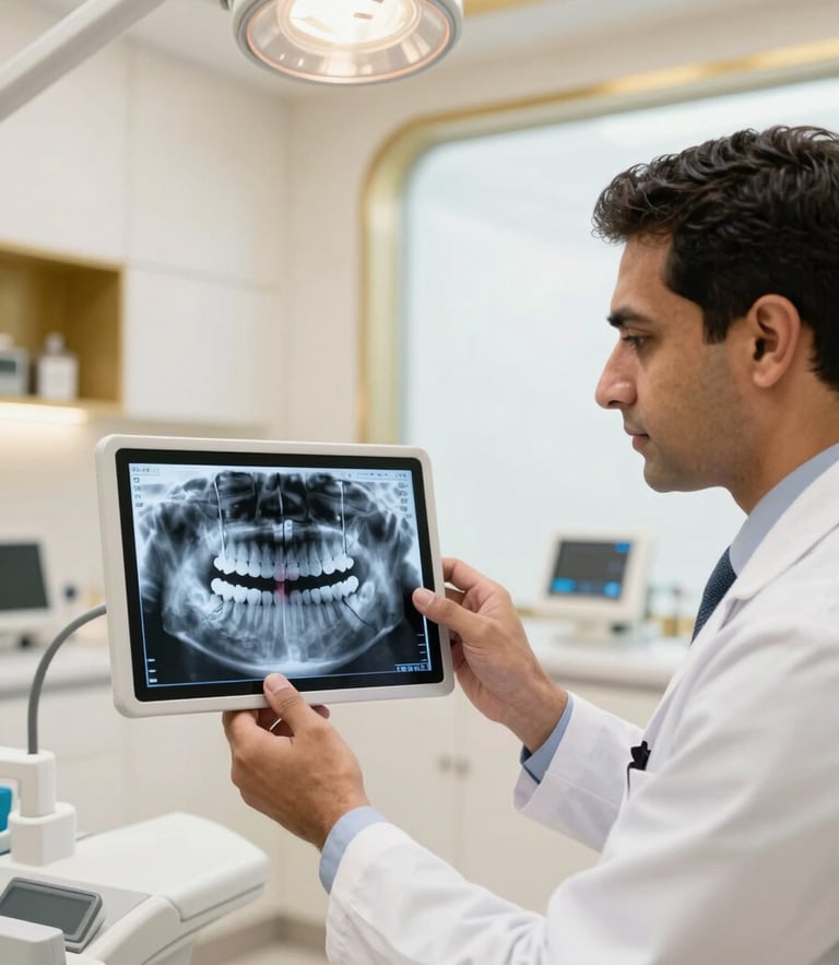 A professional close-up of Dr. Amit Garg examining high-resolution 35mm digital dental scans in a bright, modern Mohali clinic operatory with warm gold accents.
