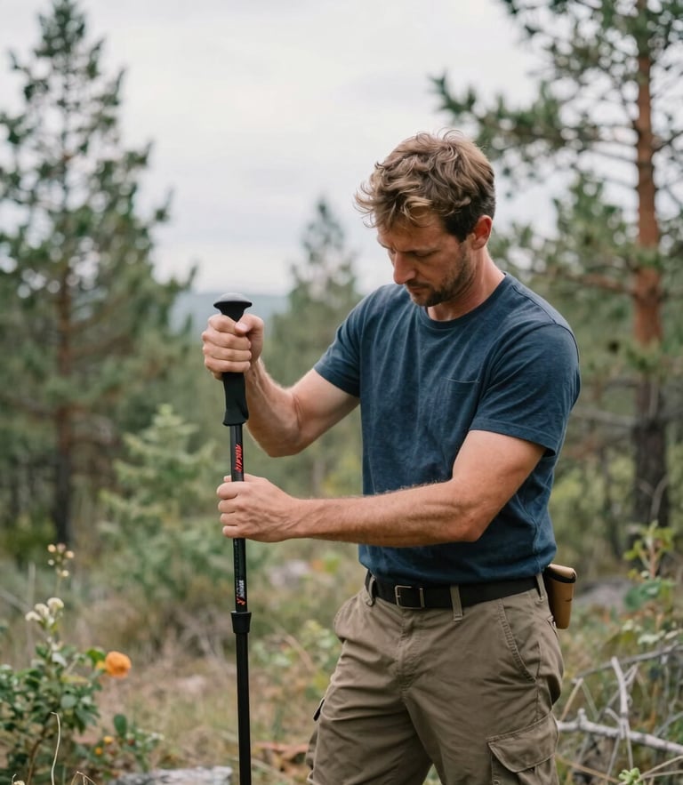 A medium shot of an outdoor instructor in a forest clearing demonstrating splinting techniques using a trekking pole, natural daylight, soft overcast sky, 35mm photography