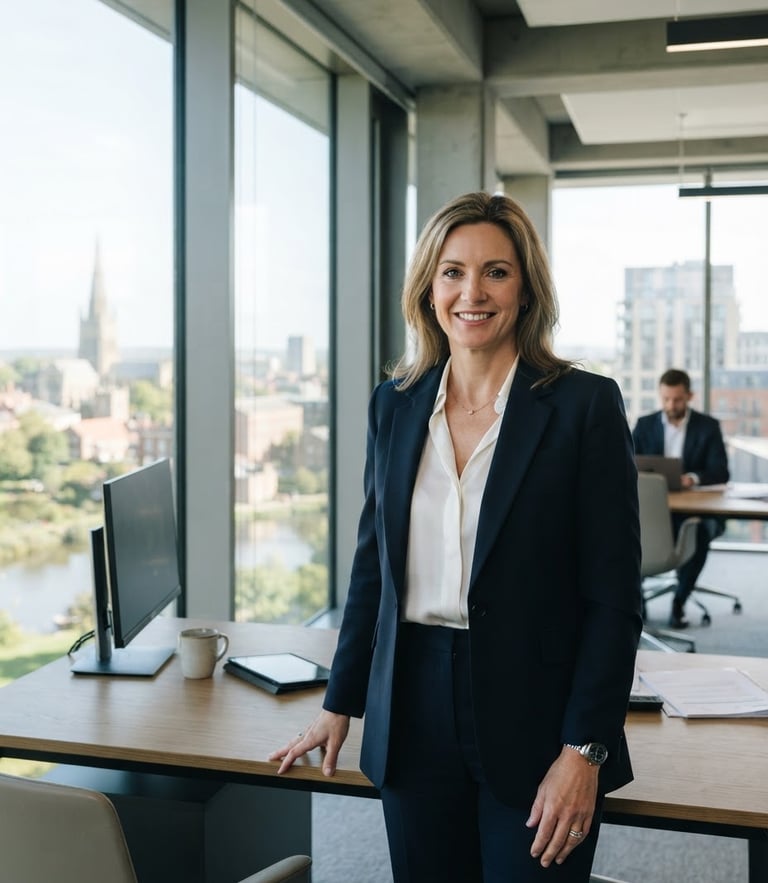 Professional architectural portrait of a hospitality executive in a sunlit Norfolk office, clean corporate tones, sharp focus, 35mm lens