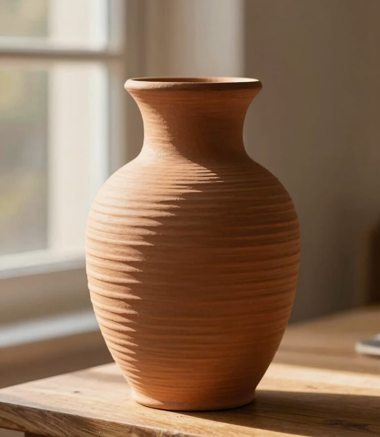 Close-up of a terracotta 3D-printed vase with deep tactile ridges on a wooden shelf, soft golden-hour window daylight casting gentle shadows, warm editorial photography
