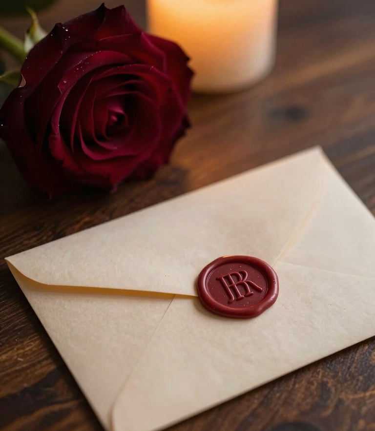 Close-up of a delicate wax-sealed envelope resting on a dark wooden table next to a single deep burgundy rose, warm golden candlelight glow, soft focus, 35mm