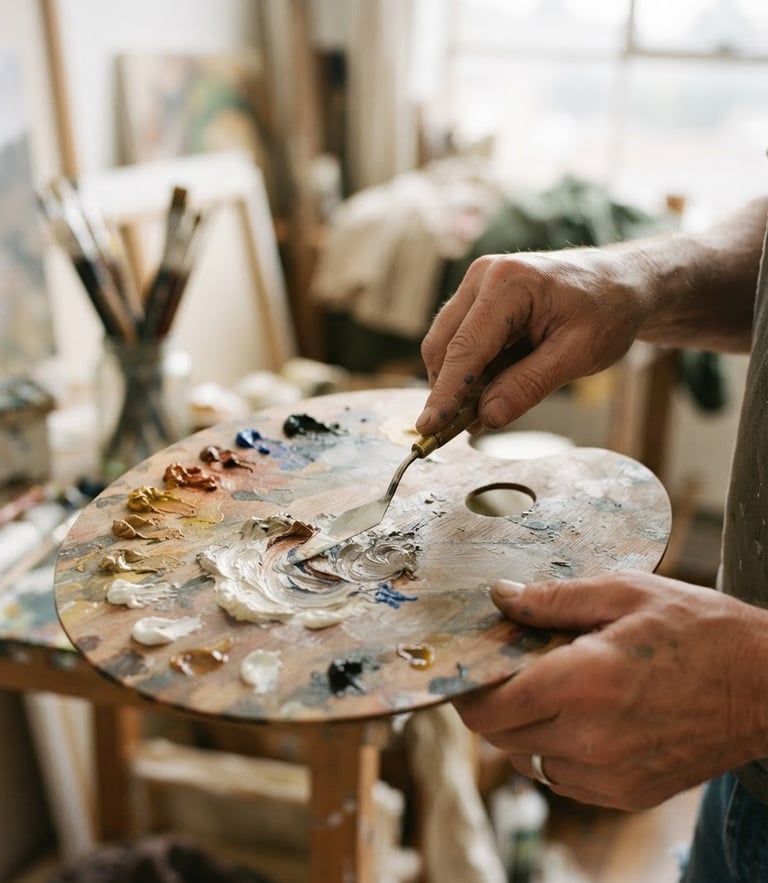 Close-up of artist hands mixing warm gray pigments on a wooden palette in a sunlit studio, shallow depth of field, 35mm film aesthetic
