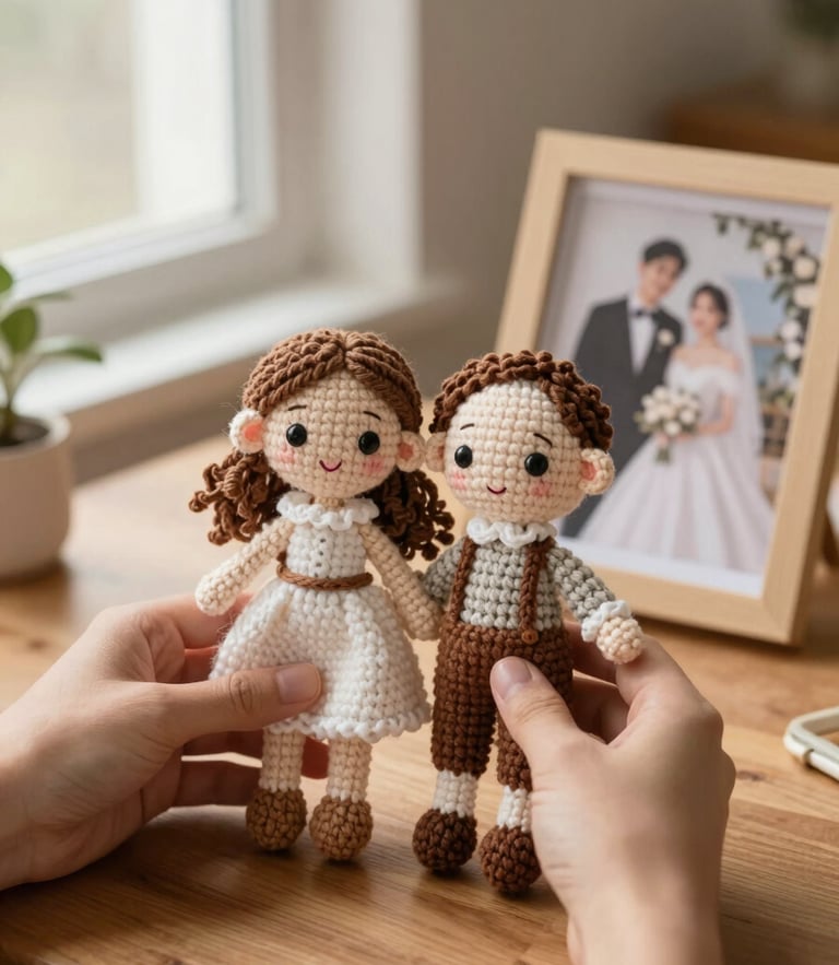 Close-up of artisan hands holding a finished custom crochet couple doll next to their wedding photograph on a wooden table, soft window light, warm tones
