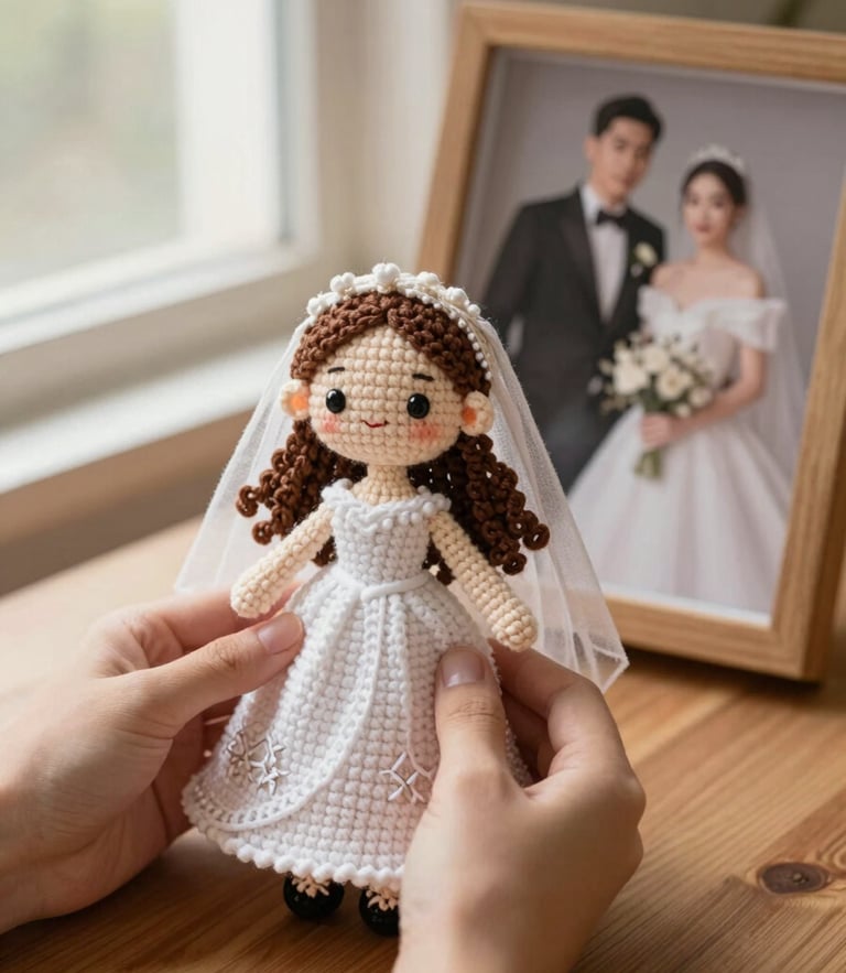 Warm editorial photography of a finished custom crochet wedding doll held in hands next to a real-life wedding photograph on a wooden table, soft natural window light, rich beige and brown tones, shallow depth of field, 35mm